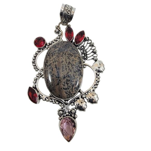 Handmade Silver Pendant with Dendritic Jasper and Red Garnet Accents - Picture 1 of 10
